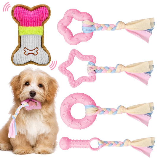 5 Pack Puppy Chew Toys for Teething Small Dogs,Pink Rubber Puppy Teething Toys Plush Squeaky Dog Toys for Cleaning Teeth Interactive Pet Doggy Bone Toys